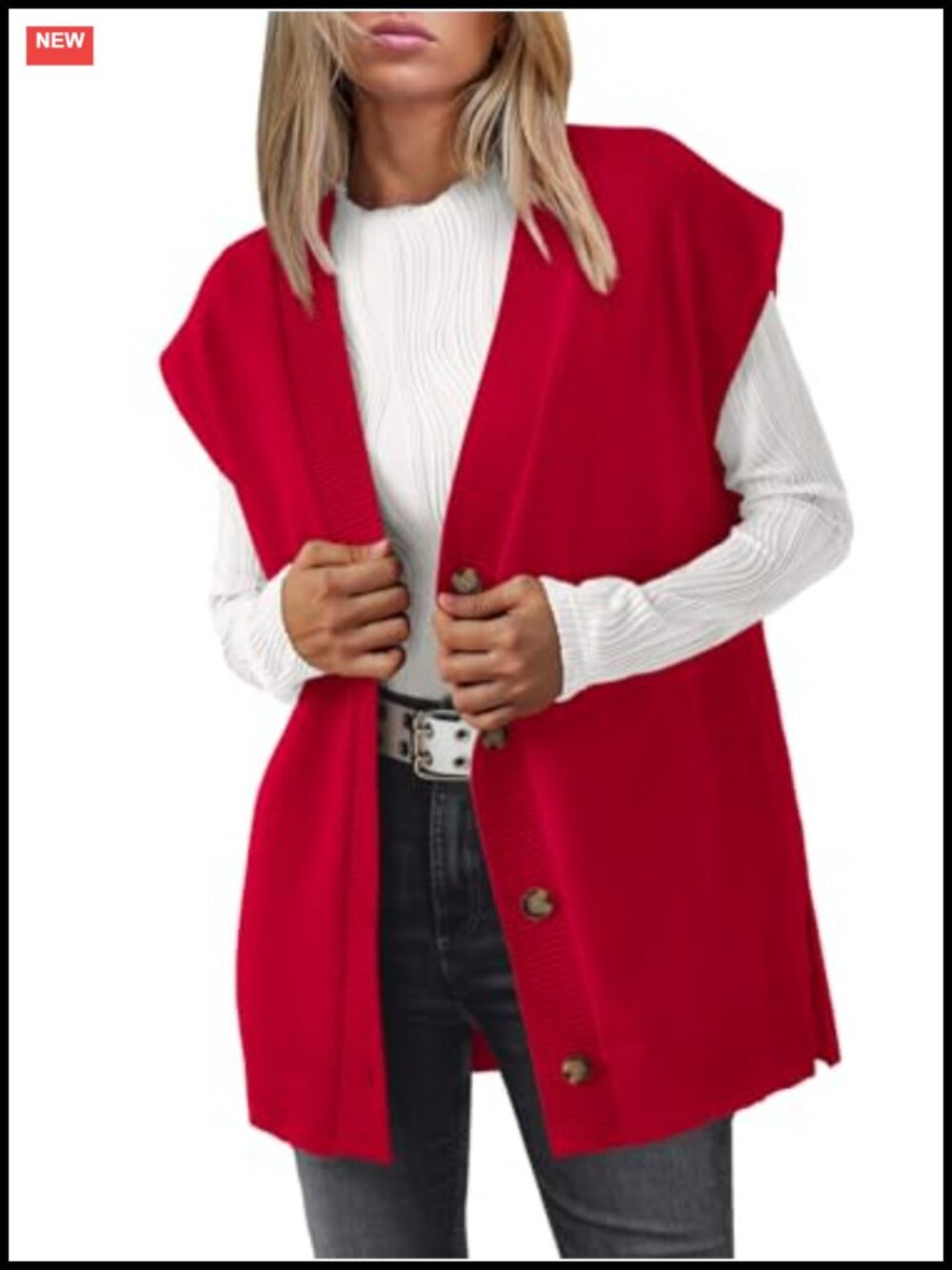 Oversized V-Neck Button-Up Sweater Vest Long Sleeveless Knit Cardigan